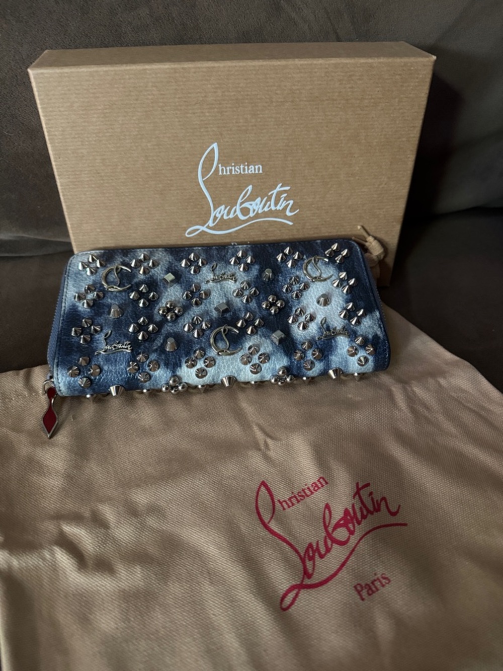 Christian Louboutin Blue Leather Pannetone Studded Zip Wallet W Box & Dust Bag